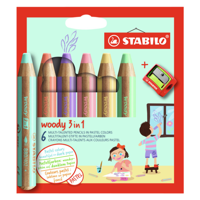 Kleurpotloden STABILO 880 woody slijper pastel assorti 6 stuks