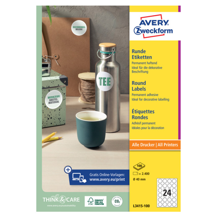 Etiket Avery L3415 rond 40mm wit 2400 stuks