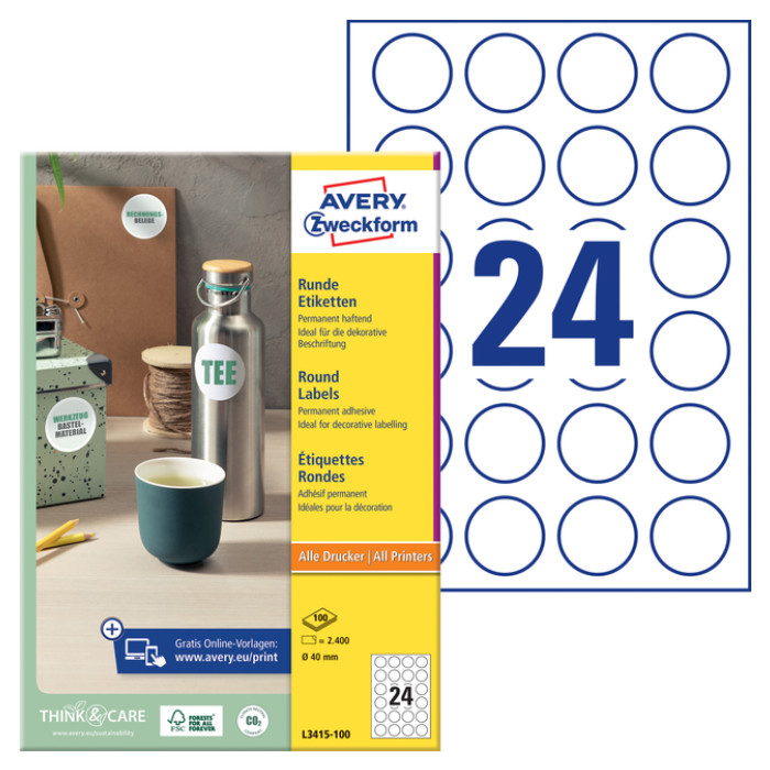 Etiket Avery L3415 rond 40mm wit 2400 stuks