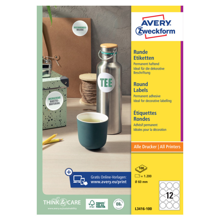 Etiket Avery L3416 rond 60mm wit 1200 stuks