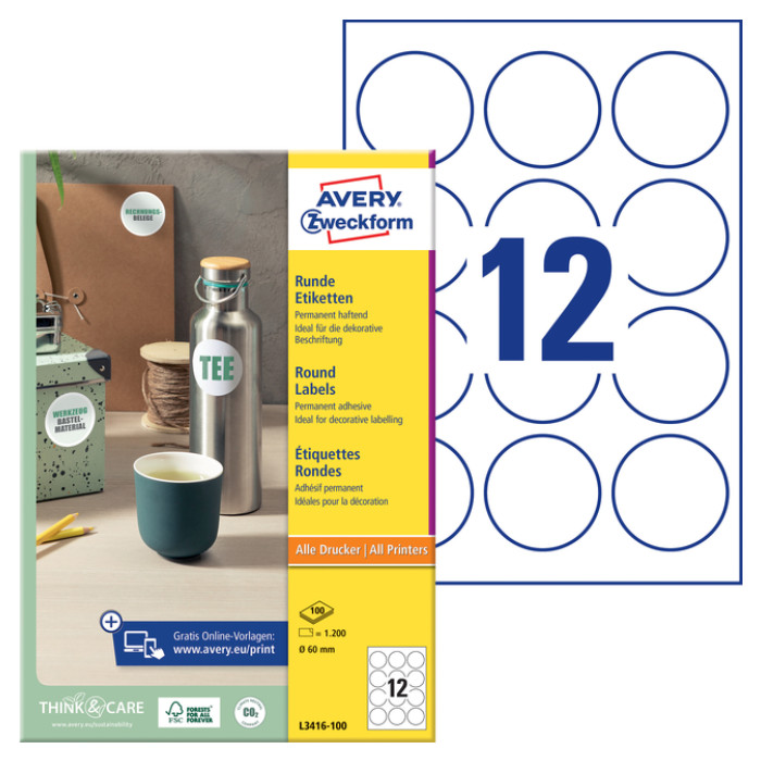 Etiket Avery L3416 rond 60mm wit 1200 stuks