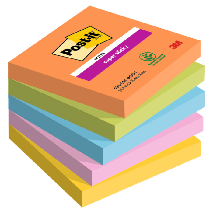 Memoblok Post-it 654 Super Sticky 76x76mm Boost 5 stuks