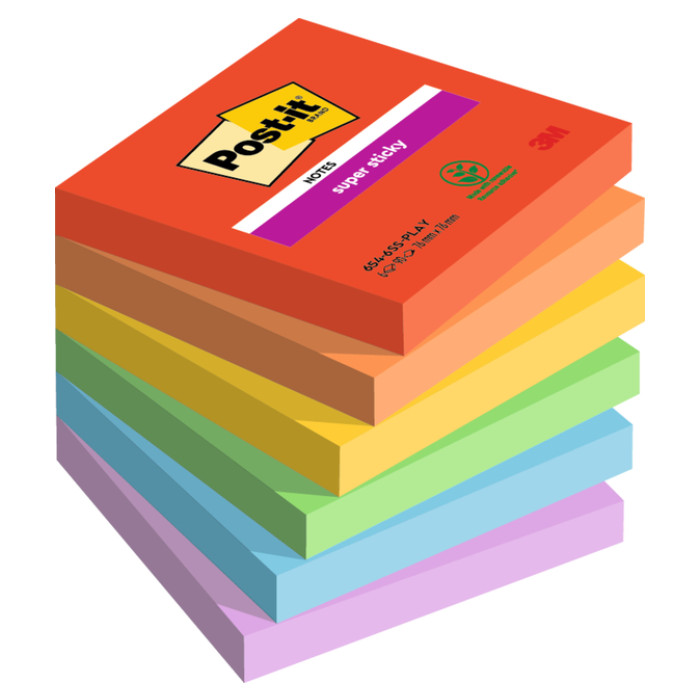 Memoblok Post-it 654 Super Sticky 76x76mm Playful 6 stuks