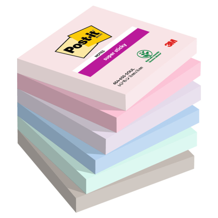 Memoblok Post-it 654 Super Sticky 76x76mm Soulful 6 stuks