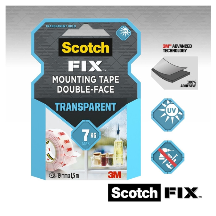 Plakband Scotch dubbelzijdig 19mmx1.5m transparant