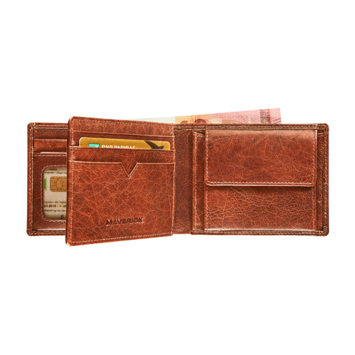 Portemonee Maverick Rough Gear met kleingeldvak RFID leer cognac