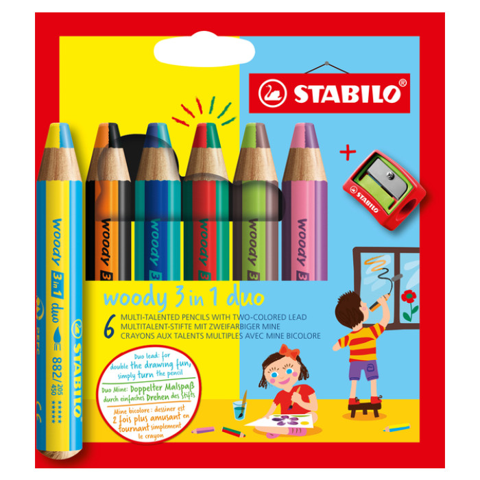 Kleurpotloden STABILO 882 woody 3 in 1 duo puntenslijper ass 6st