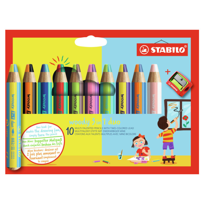 Kleurpotloden STABILO 882 woody 3 in 1 duo incl puntenslijper ass 10st
