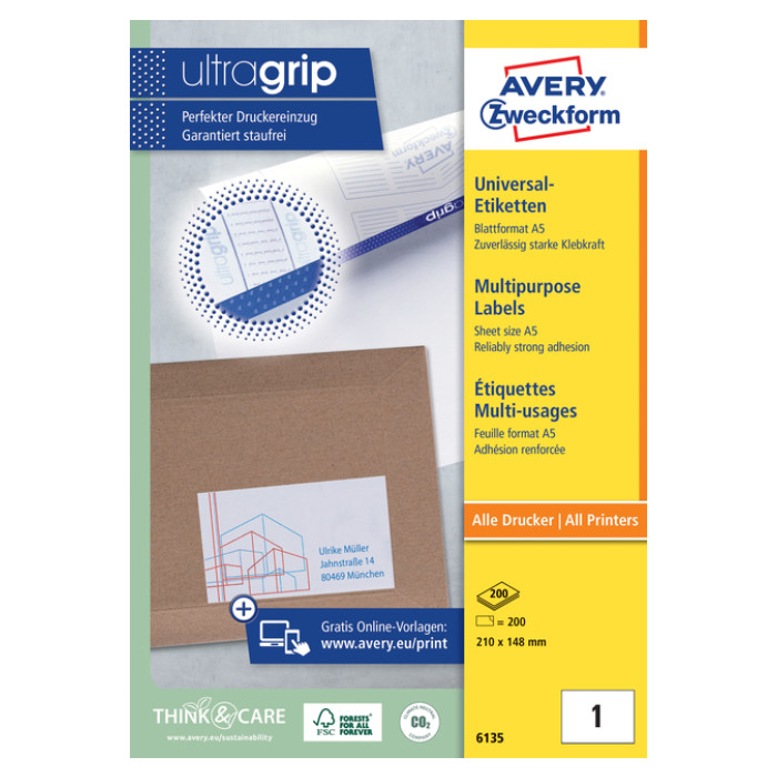 Etiket Avery 6135 210x148mm wit 200 stuks