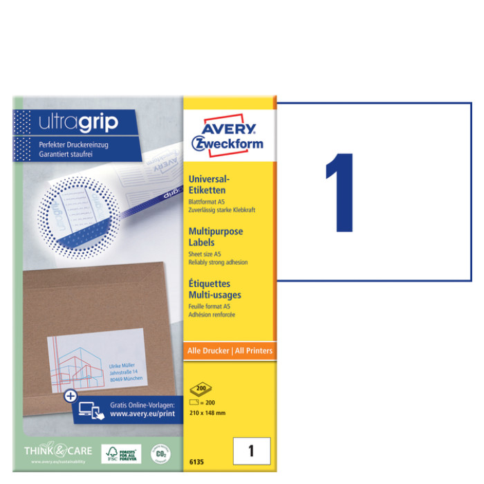 Etiket Avery 6135 210x148mm wit 200 stuks