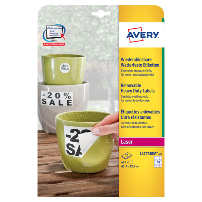 Etiket Avery L4773REV-20 63.5x33.9mm wit 480 stuks