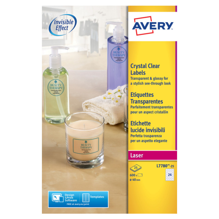 Etiket Avery L7780-25 rond 40mm transparant 600 stuks