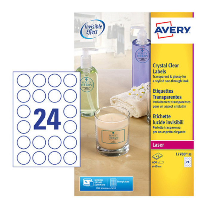 Etiket Avery L7780-25 rond 40mm transparant 600 stuks