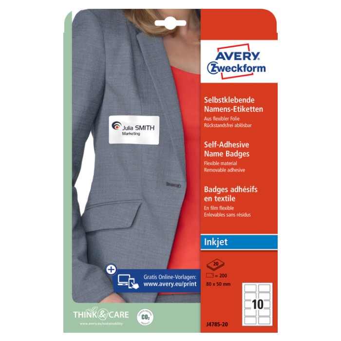 Naambadge etiket Avery J4785-20 80x50mm wit 200 stuks