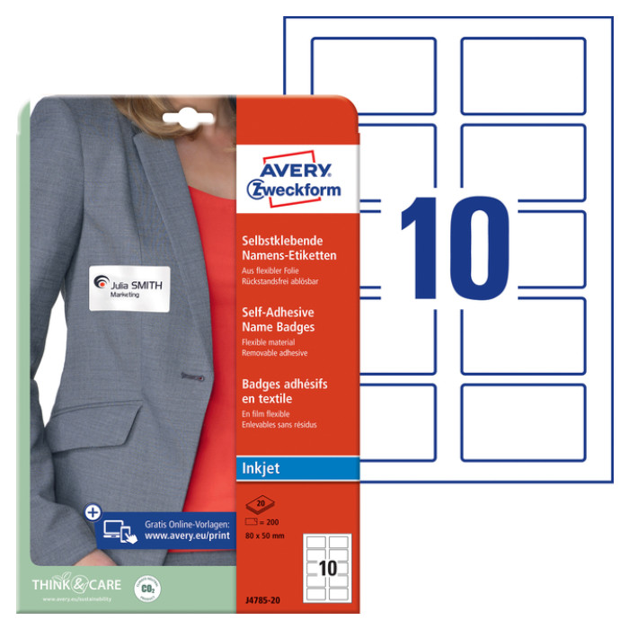 Naambadge etiket Avery J4785-20 80x50mm wit 200 stuks