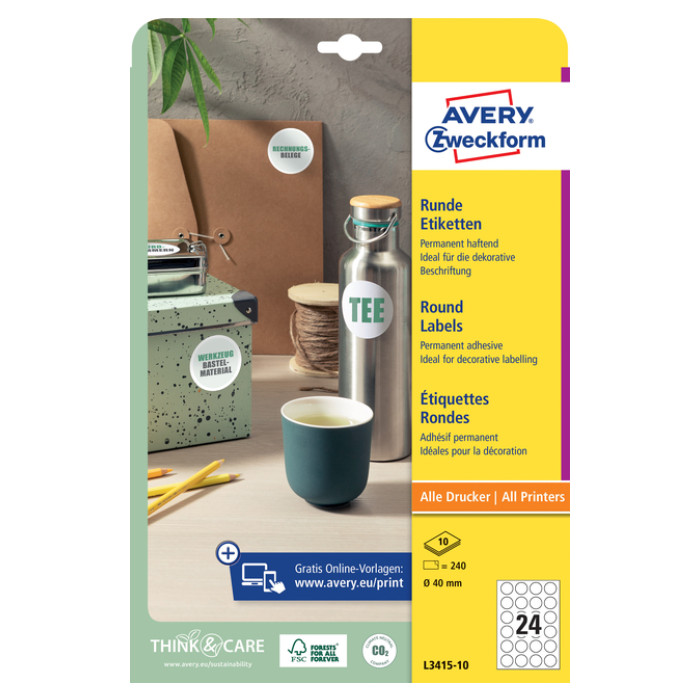 Etiket Avery L3415-10 rond 40mm wit 240 stuks