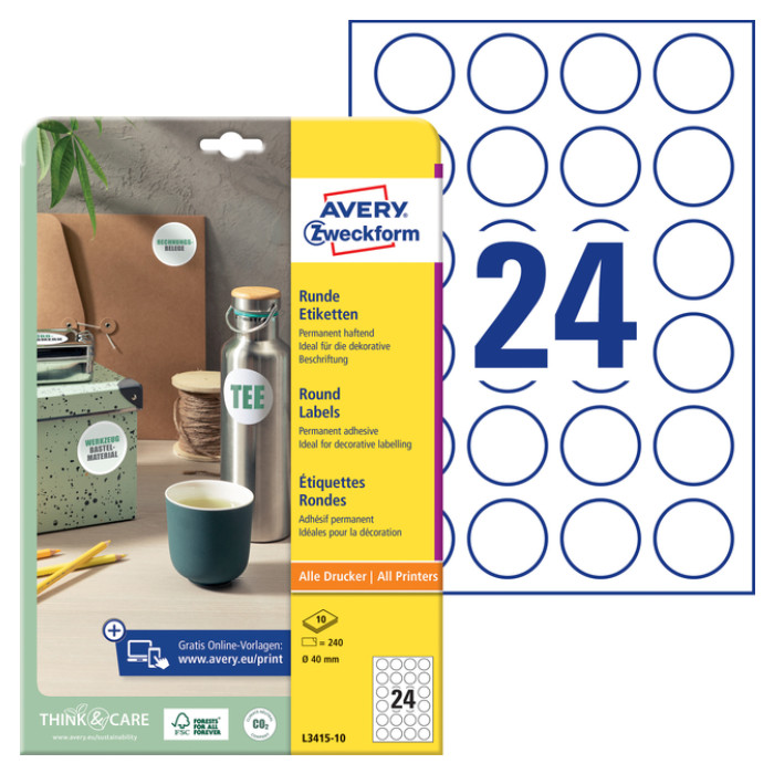 Etiket Avery L3415-10 rond 40mm wit 240 stuks