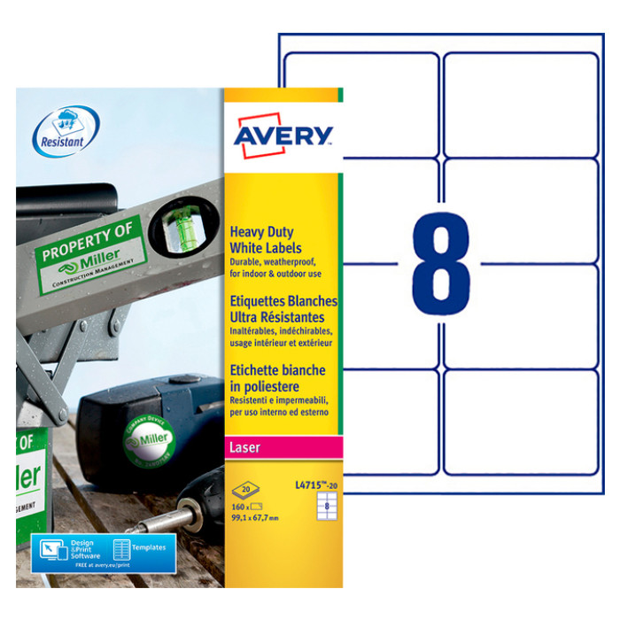 Etiket Avery L4715-20 99.1x67.7mm weerbestendig wit 160 stuks
