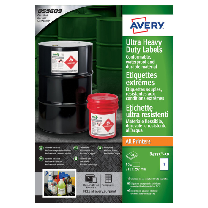 Etiket Avery B4775-50 210x297mm polyethyleen wit 50 stuks