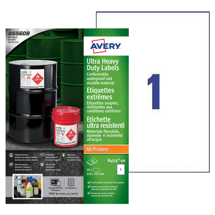 Etiket Avery B4775-50 210x297mm polyethyleen wit 50 stuks