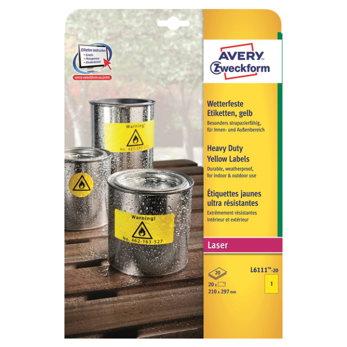 Etiket Avery L6111-20 210x297mm geel 20 stuks