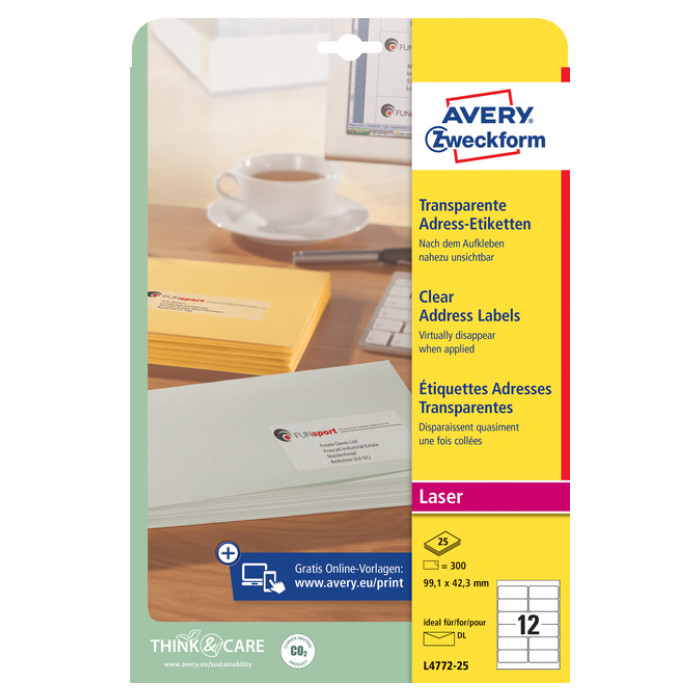 Etiket Avery L4772-25 99.1x42.3 mm transparant mat 300 stuks