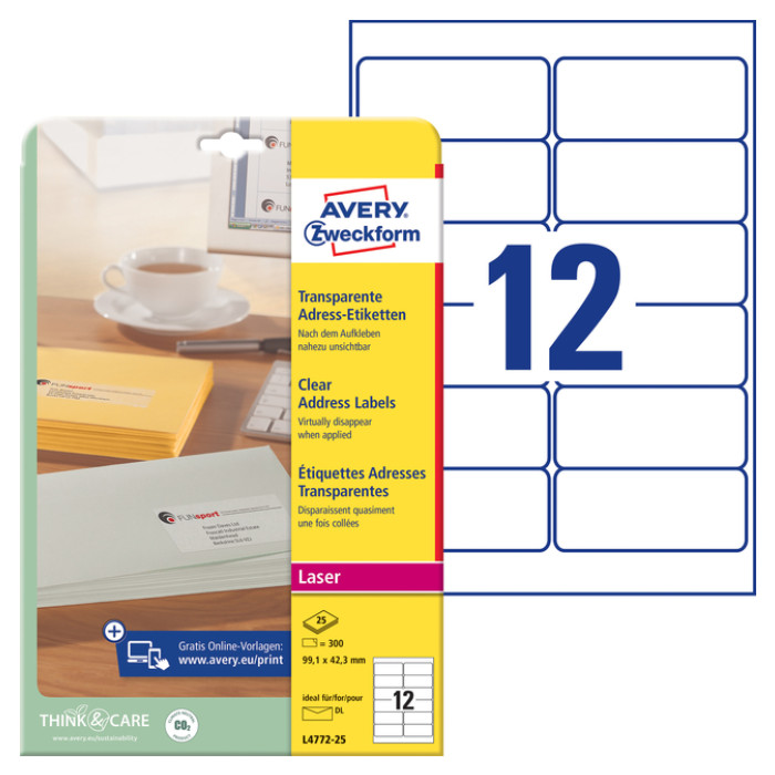 Etiket Avery L4772-25 99.1x42.3 mm transparant mat 300 stuks