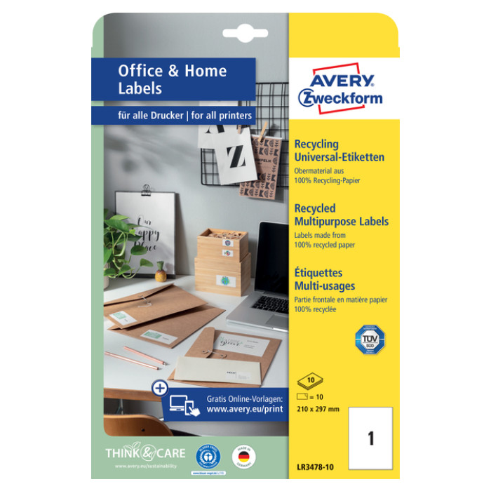 Etiket Avery LR3478-10 210x297mm recycled wit 10 stuks