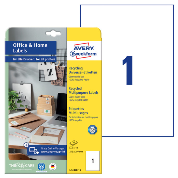 Etiket Avery LR3478-10 210x297mm recycled wit 10 stuks