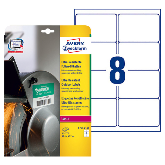 Etiket Avery L7914-10 99.1x67.7mm polyethyleen wit 80 stuks