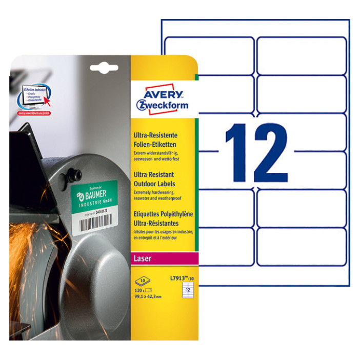 Etiket Avery L7913-10 99.1x42.3mm polyethyleen wit 120 stuks