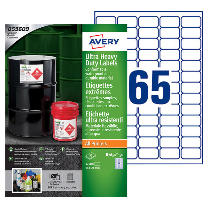 Etiket Avery B7651-50 38x21mm polyethyleen wit 3250 stuks