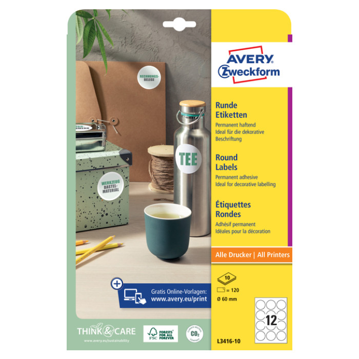 Etiket Avery L3416-10 rond 60mm wit 120 stuks
