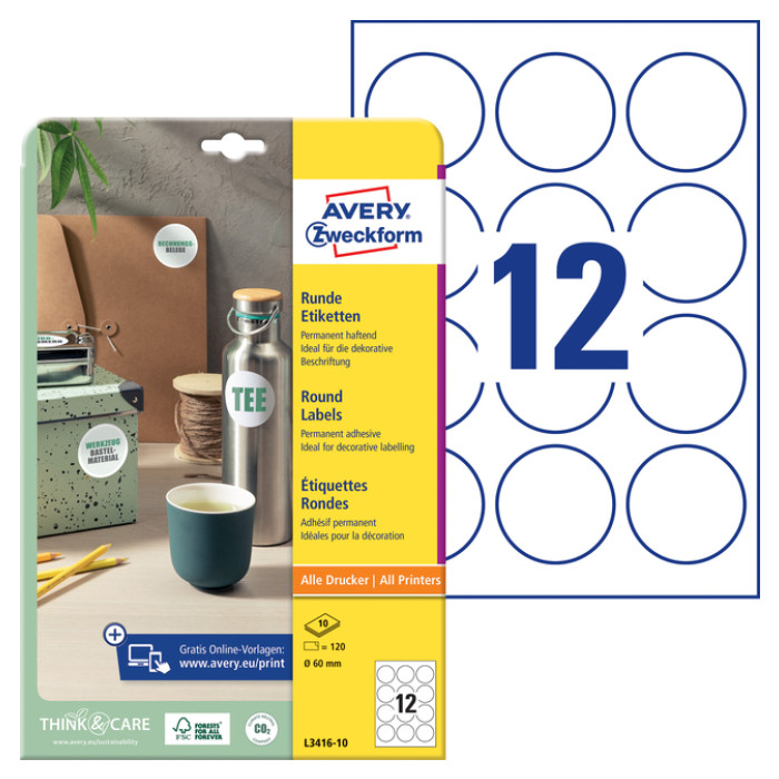 Etiket Avery L3416-10 rond 60mm wit 120 stuks