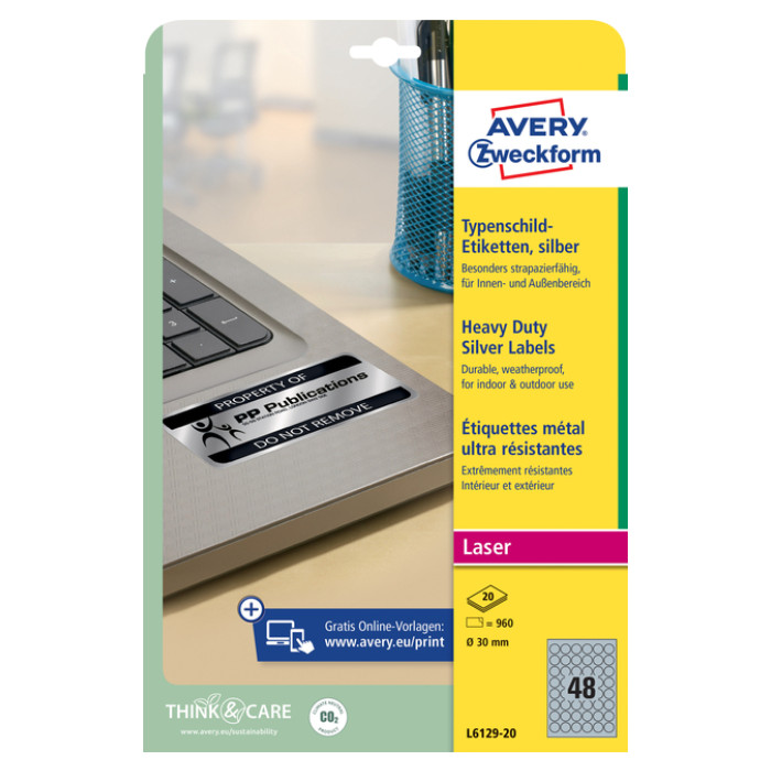 Etiket Avery L6129-20 rond 30mm zilver 960 stuks