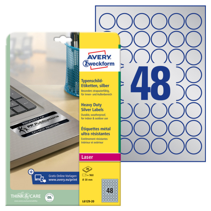 Etiket Avery L6129-20 rond 30mm zilver 960 stuks