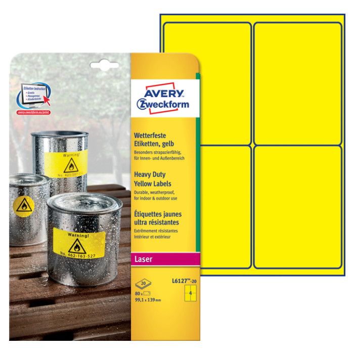 Etiket Avery L6127-20 99.1x139mm geel 80 stuks
