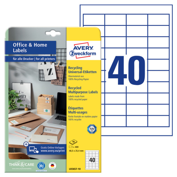 Etiket Avery LR3657-10 48.5x25.4mm recycled wit 400 stuks