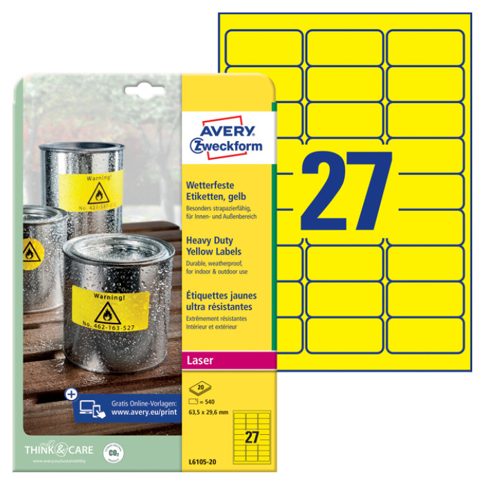 Etiket Avery L6105-20 63.5x29.6mm geel 540 stuks