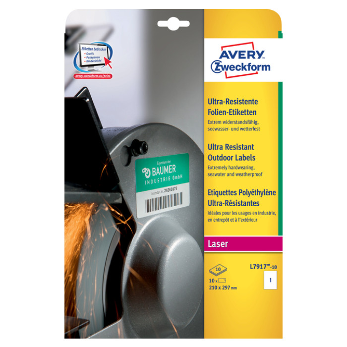 Etiket Avery L7917-10 210x297mm polyethyleen wit 10 stuks