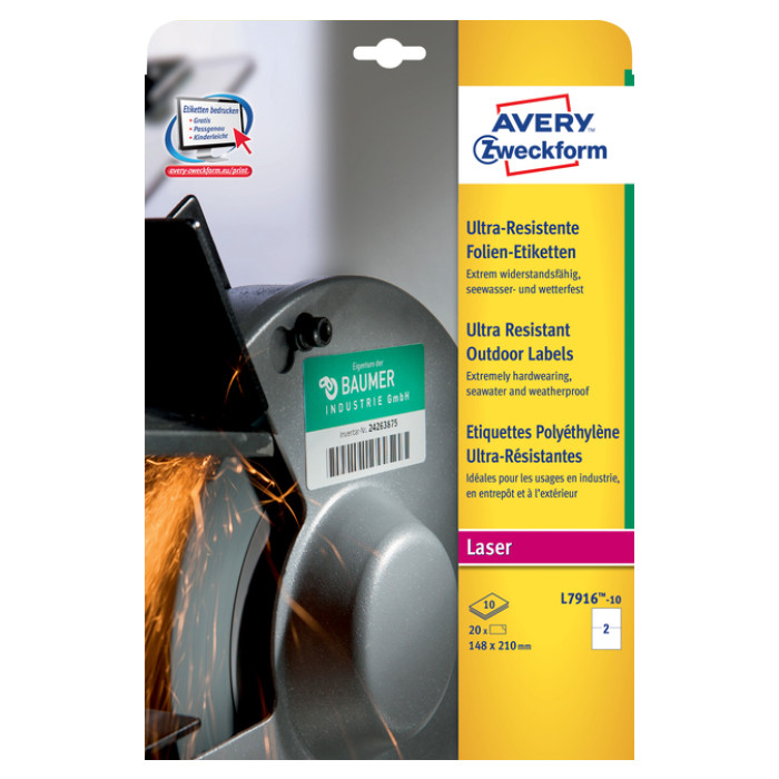 Etiket Avery L7916-10 210x148mm polyethyleen wit 20 stuks
