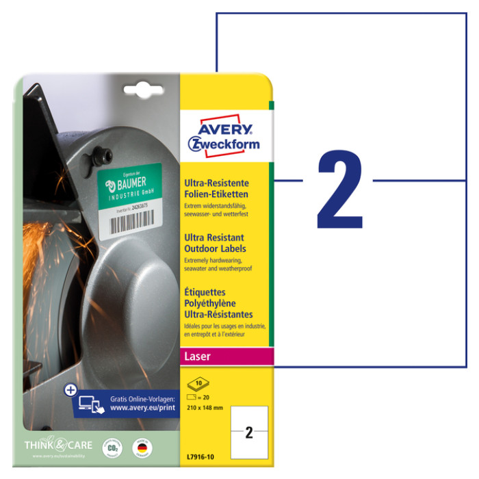 Etiket Avery L7916-10 210x148mm polyethyleen wit 20 stuks