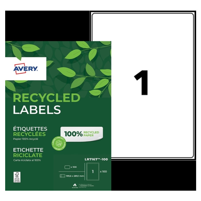 Etiket Avery LR7167-100 199.6x289.1mm recycled wit 100 stuks