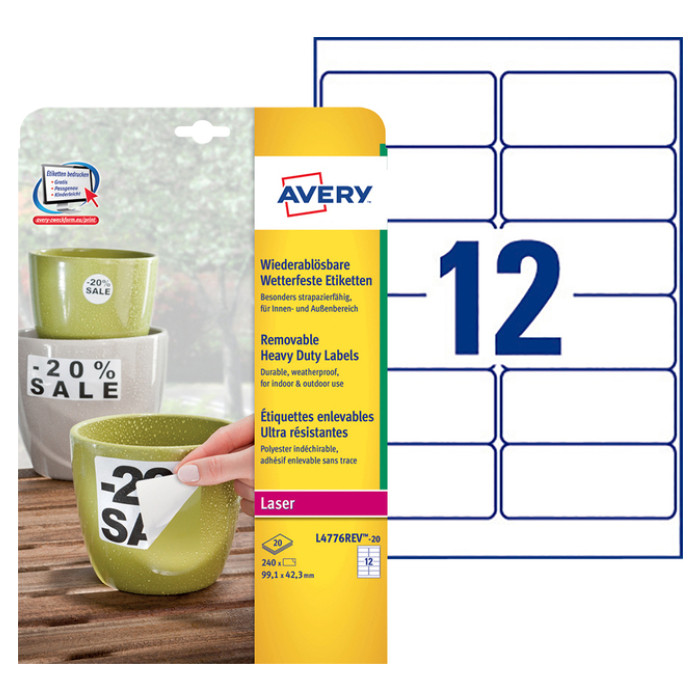 Etiket Avery L4776REV-20 99.1x42.3mm wit 240 stuks