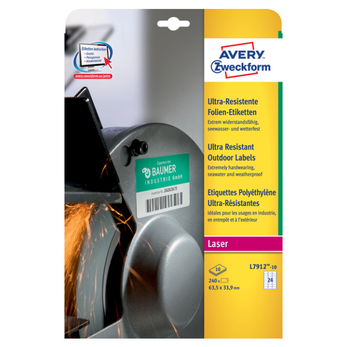 Etiket Avery L7912-10 63.5x33.9mm polyethyleen wit 240 stuks