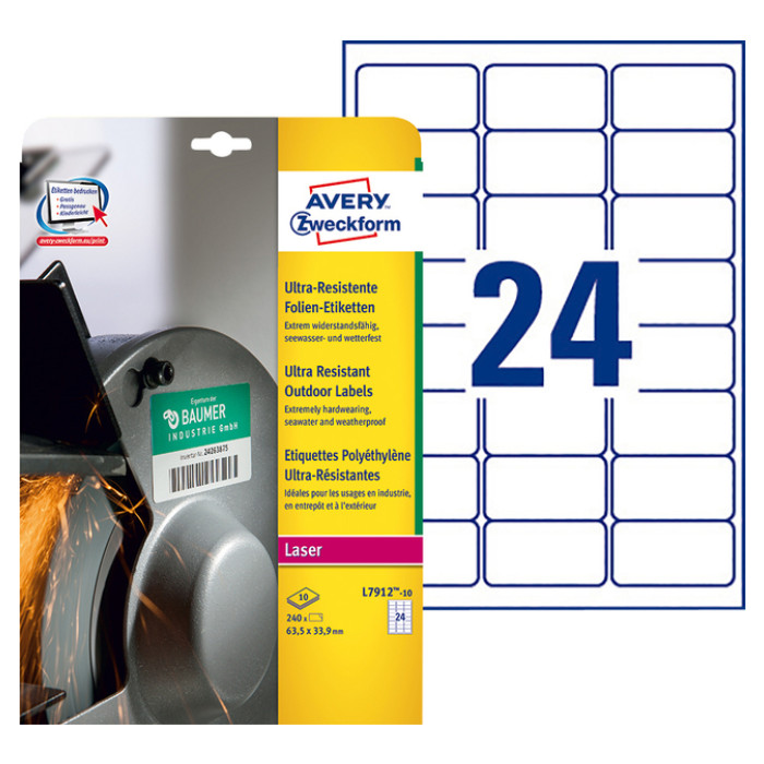 Etiket Avery L7912-10 63.5x33.9mm polyethyleen wit 240 stuks
