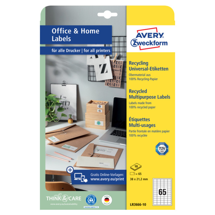 Etiket Avery LR3666-10 38x21.2mm recycled wit 650 stuks