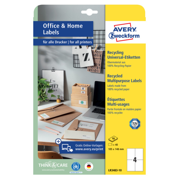 Etiket Avery LR3483-10 105x148mm recycled wit 40 stuks
