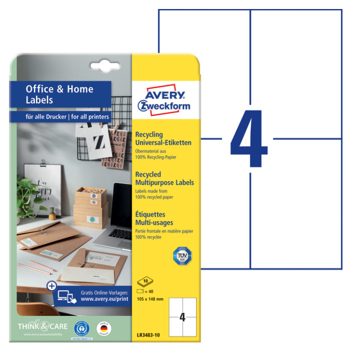 Etiket Avery LR3483-10 105x148mm recycled wit 40 stuks
