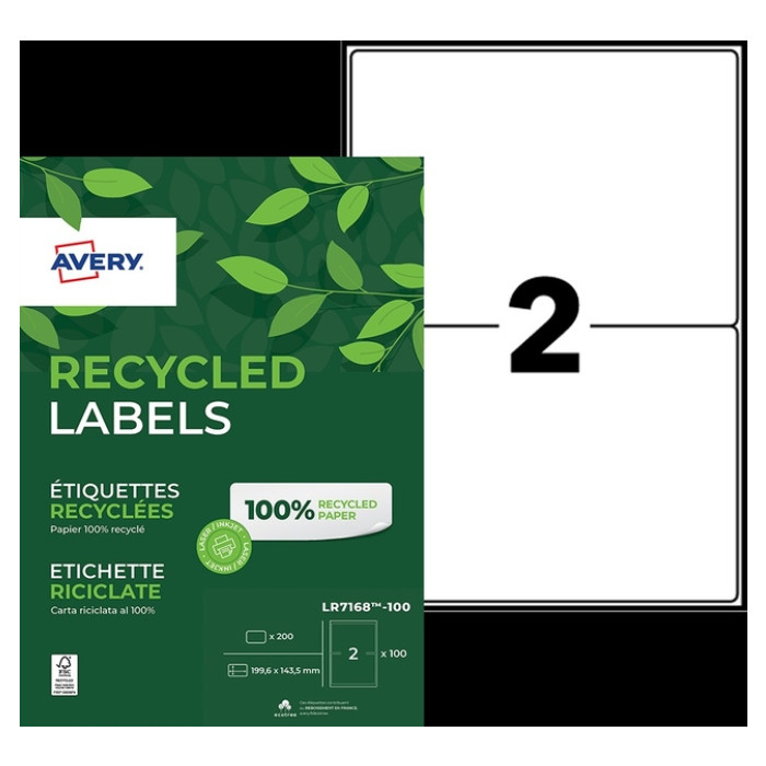 Etiket Avery LR7168-100 199.6x143.5mm recycled wit 200 stuks